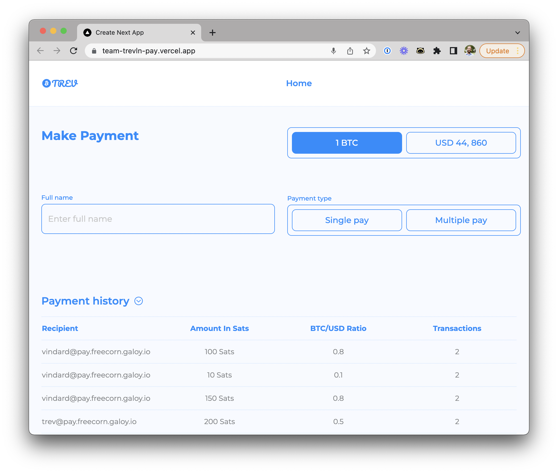 Users can send to multiple Lightning Addresses at once and may choose what ratio of BTC to USD gets sent to each user&#39;s Lightning wallet.